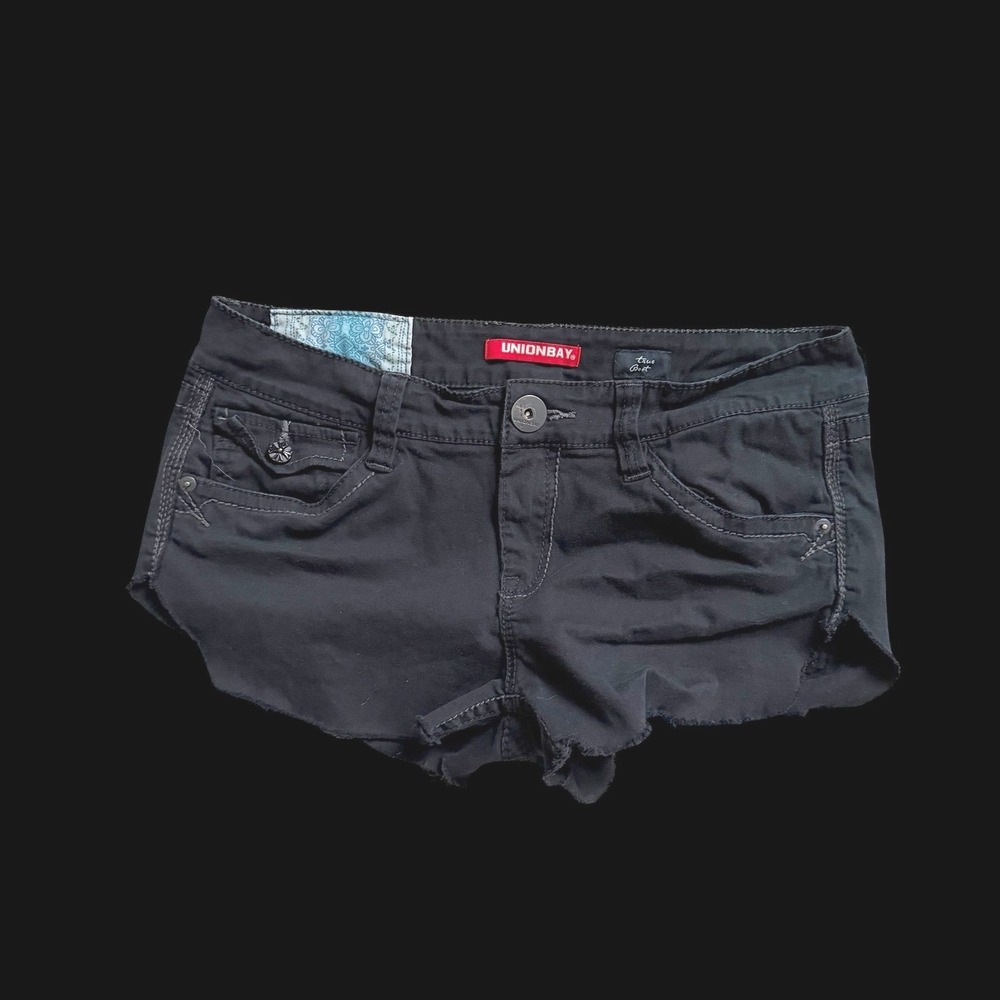 Y2K Unionbay Micro Black Low Rise Raw Hem Denim‎ Shorts Womens Sz 7/8